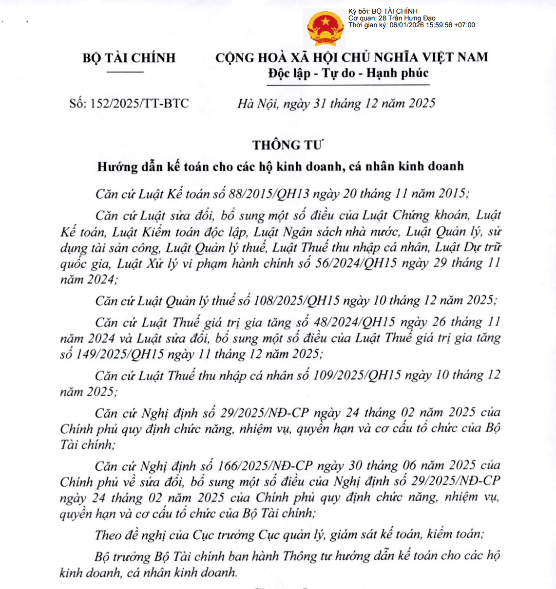 Thông tư số 152/2025/TT-BTC của Bộ Tài Chính hướng dẫn về chế độ kế toán của hộ kinh doanh, cá nhân kinh doanh
